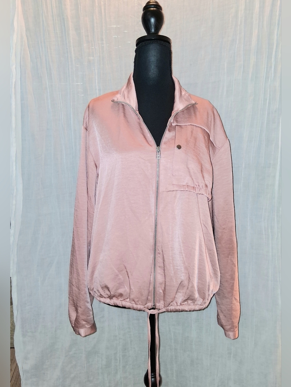 Ribbed Hem Dusty Pink/Peach Zip Bomber Jacket